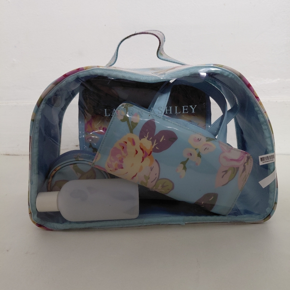 Laura Ashley Cosmetic Travel Set 6 Pc Blue Floral Toiletry Case Bag New y2k